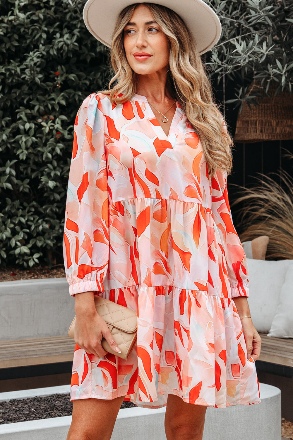 Abstract Print Split Neck Long Sleeve Dress