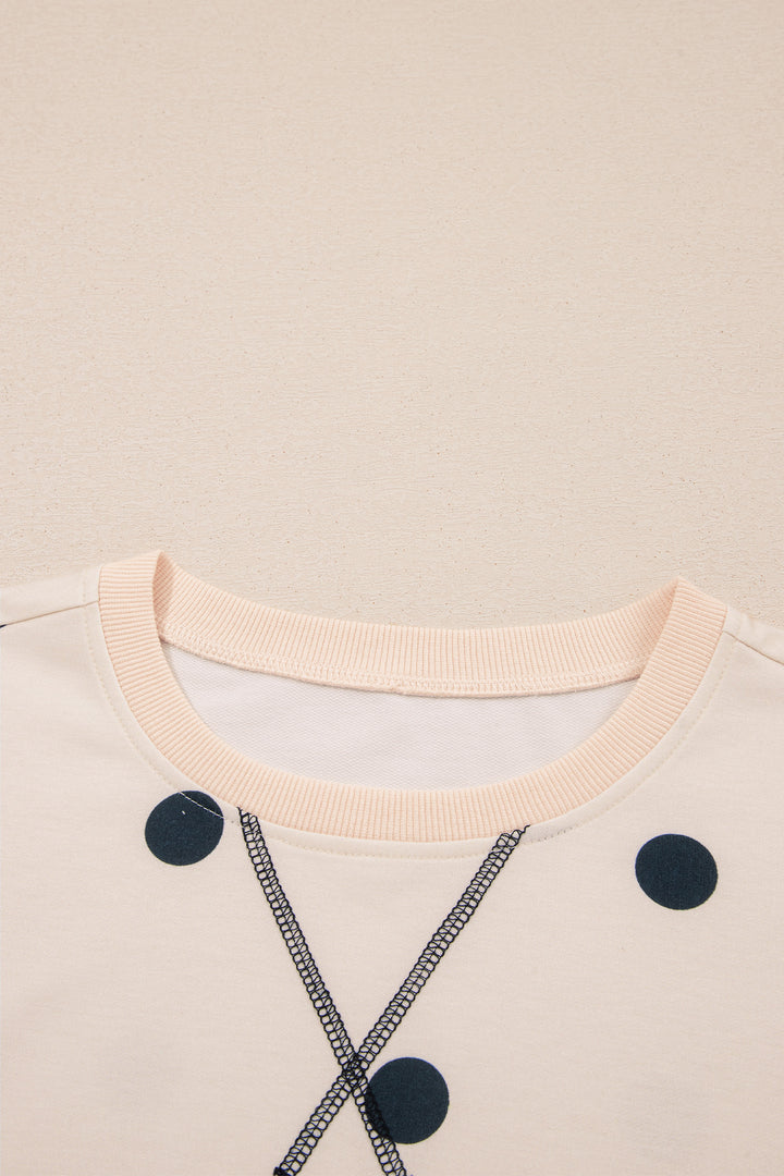 Beige Polka Dot Loose Long Sleeve Split Hem Pullover Top