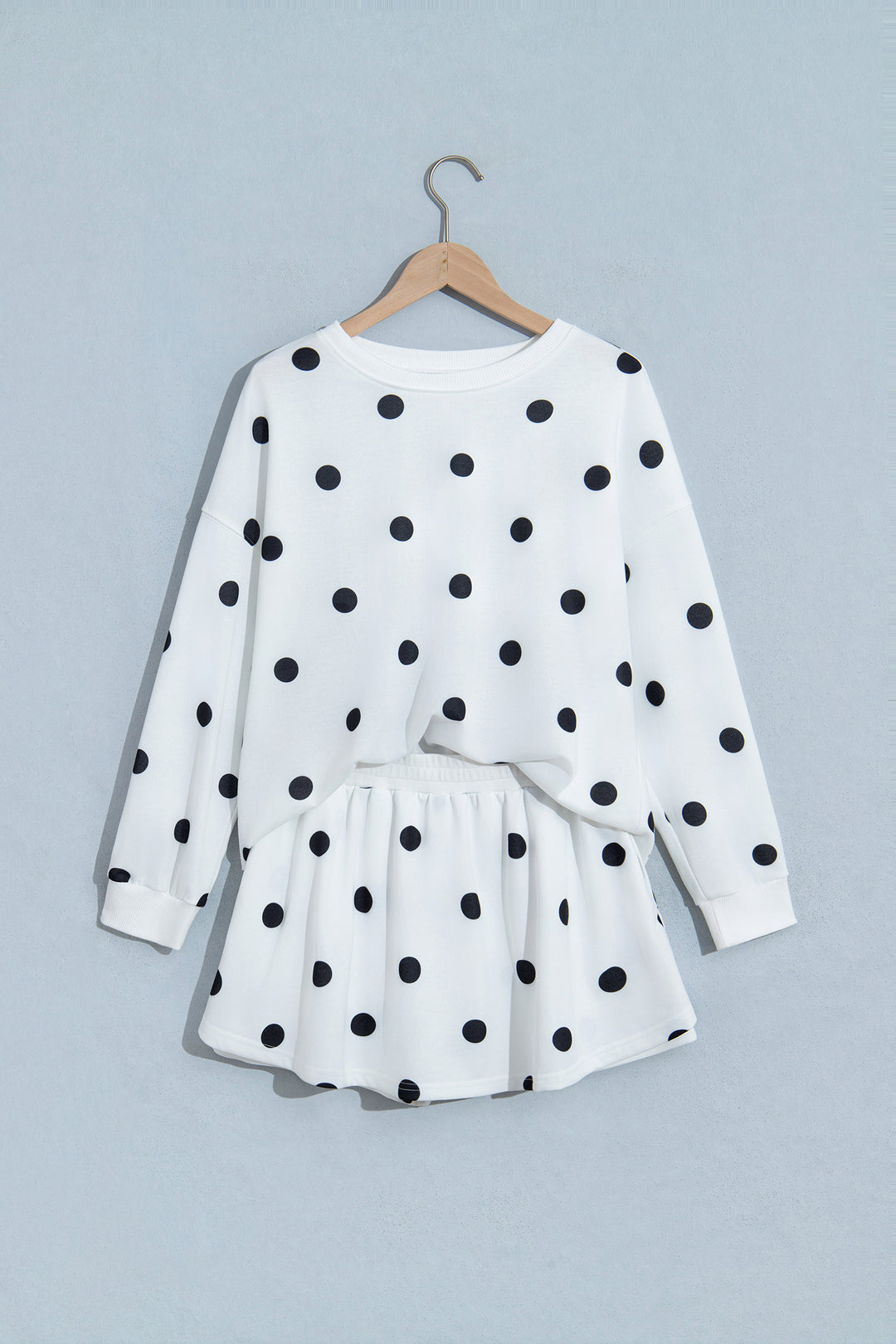 Beige Polka Dot Raw Hem Relaxed Pullover Loose Skort Two Piece Set