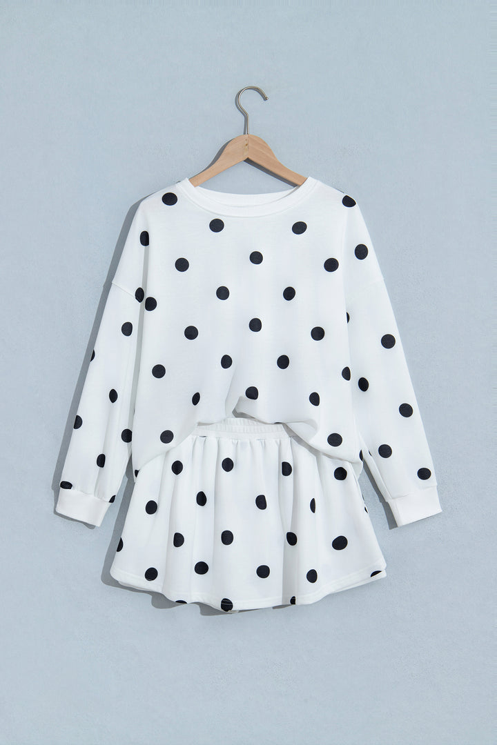 Beige Polka Dot Raw Hem Relaxed Pullover Loose Skort Two Piece Set