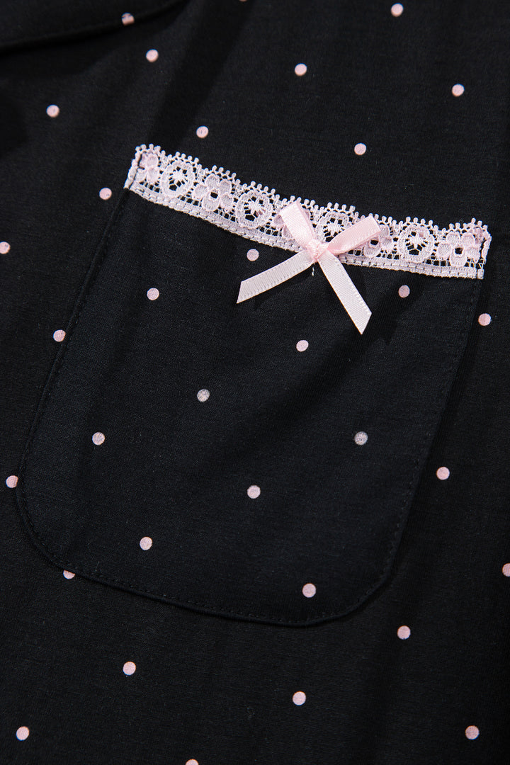 Black Polka Dot Long Sleeve Shirt Lace Detail Two Piece Pajama Pant Set