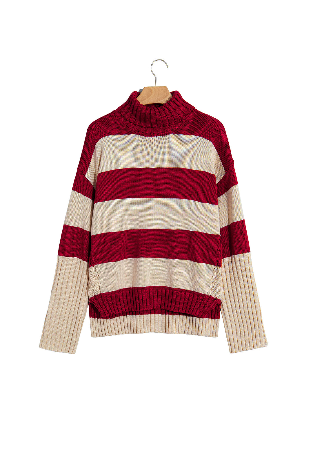 Red Stripe Ribbed Trim High Neck Relaxed Pullover Sweater