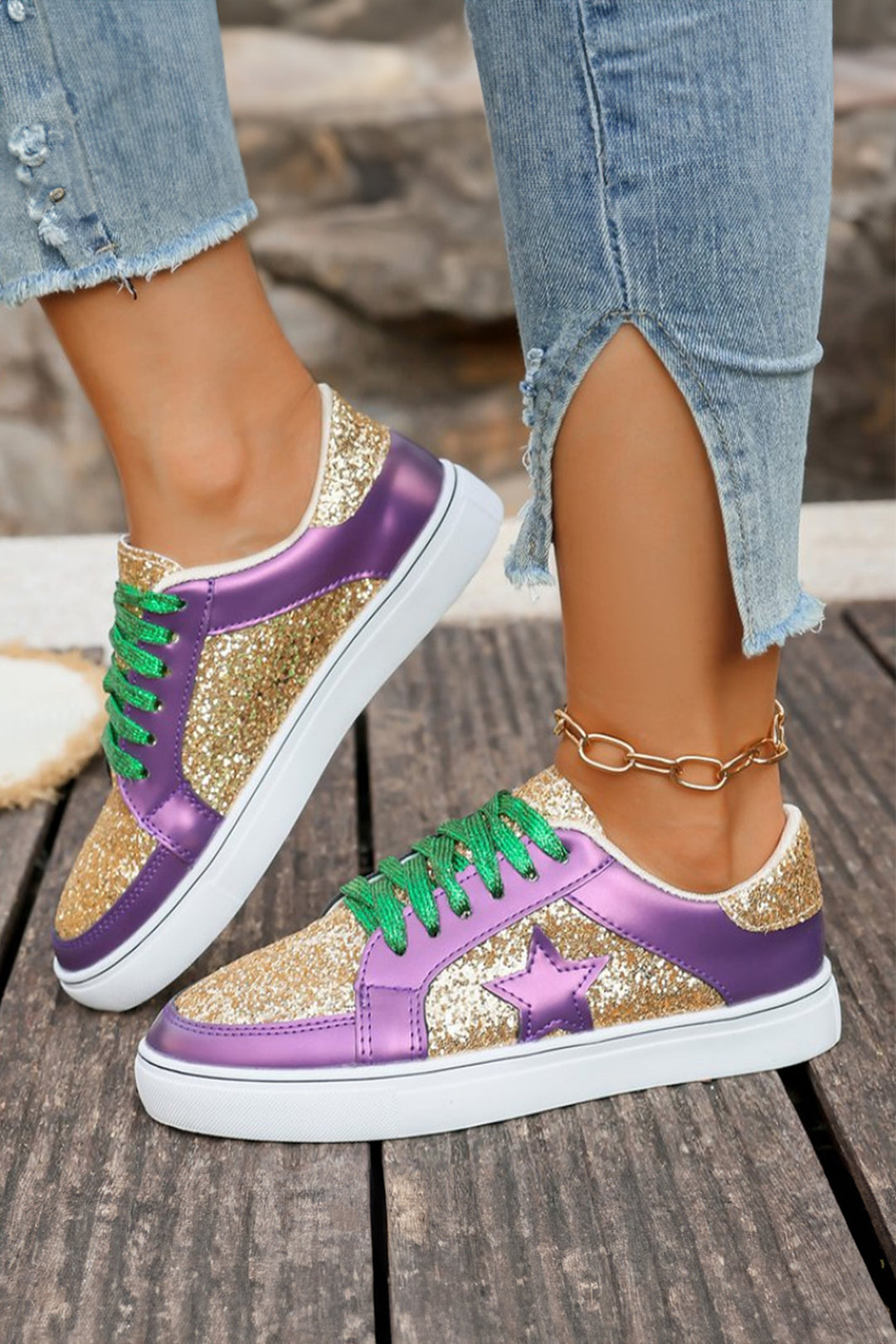 Dearlove Glitter Star Patchwork PU Leather Lace-up Sneakers