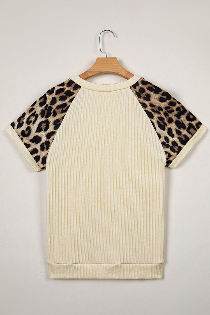 Apricot Ribbed Color Block Leopard Contrast Sleeve Loose Tee