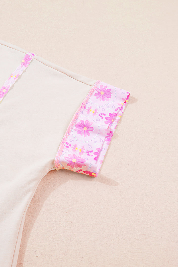 Apricot Daisy Floral Bow Contrast Patchwork Loose T Shirt