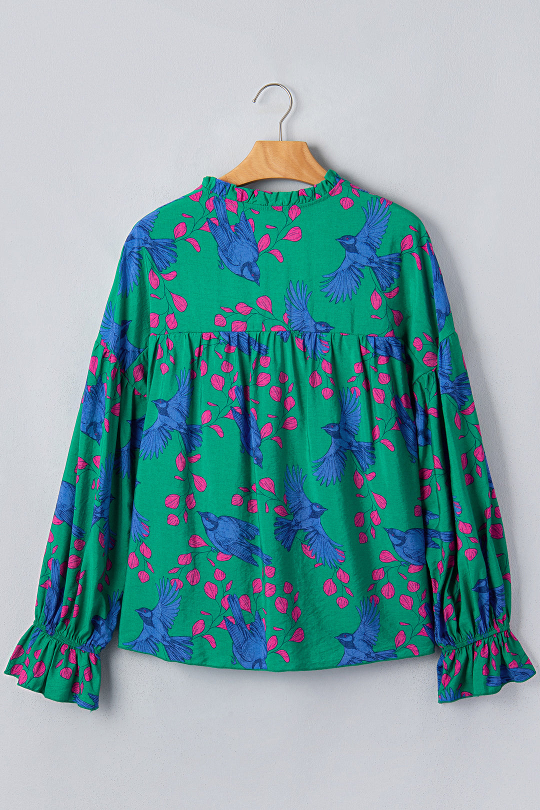 Green Abstract Print Flounced Puff Sleeve Blouse