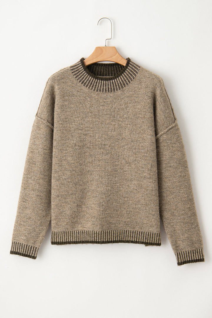 Contrast Trim Mock Neck Drop Shoulder Sweater