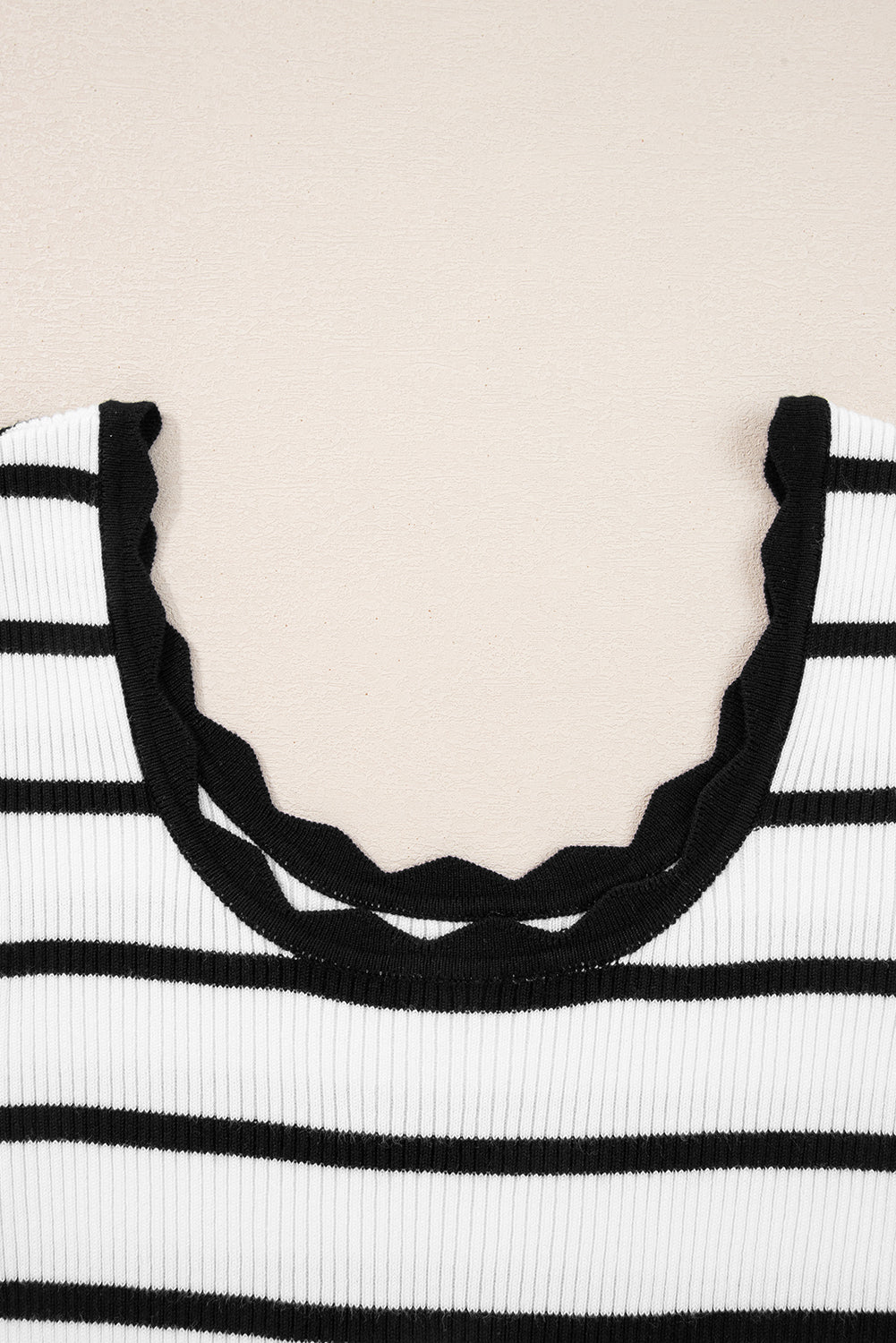 Scalloped Trim U Neck Striped Ribbed Slim Sweater