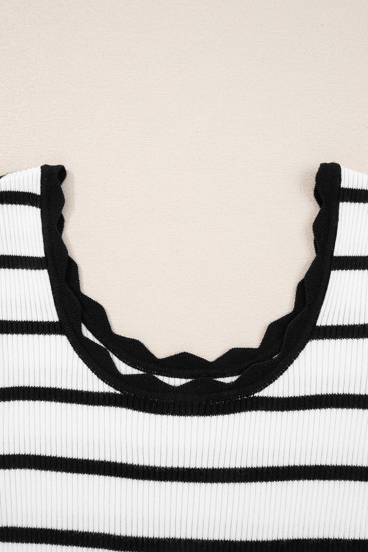Scalloped Trim U Neck Striped Ribbed Slim Sweater