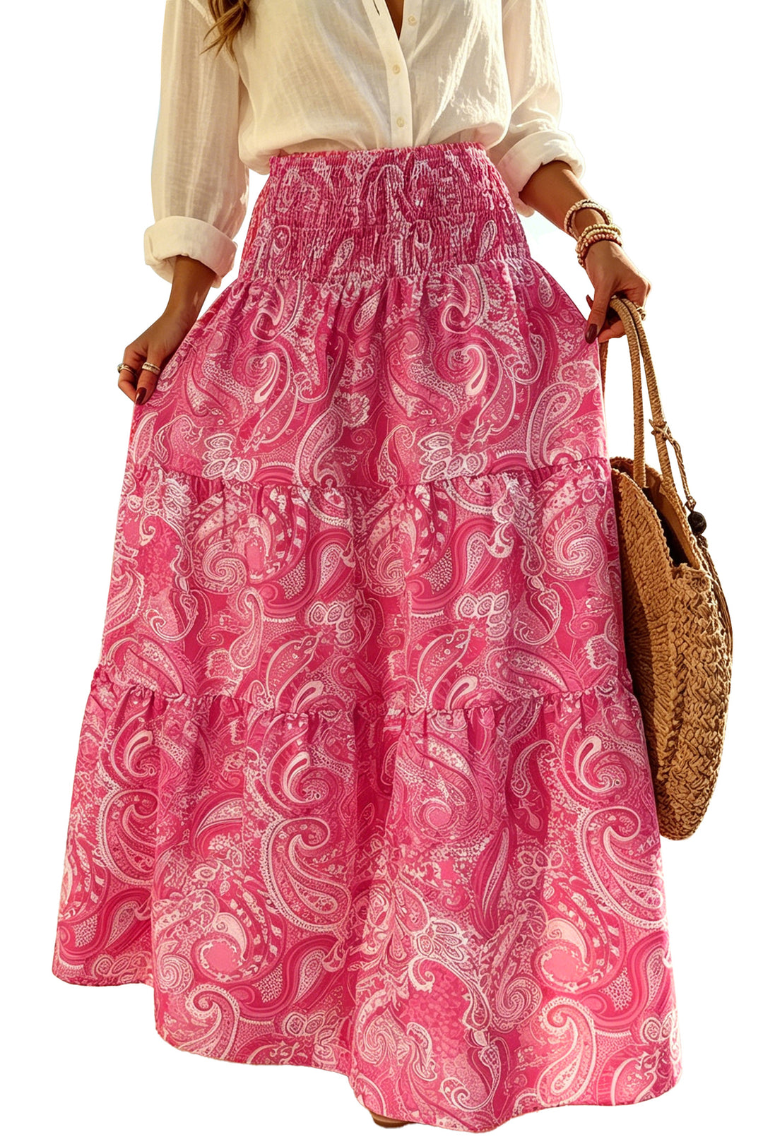 Sachet Pink Boho Vintage Paisley Print Tiered Long Skirt