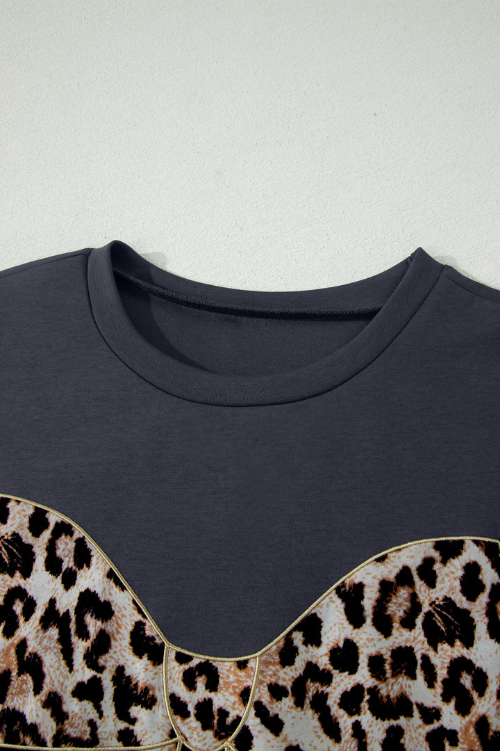 Dark Grey Contrast Leopard Bow Patched Short Sleeve T Shirt Long Dress