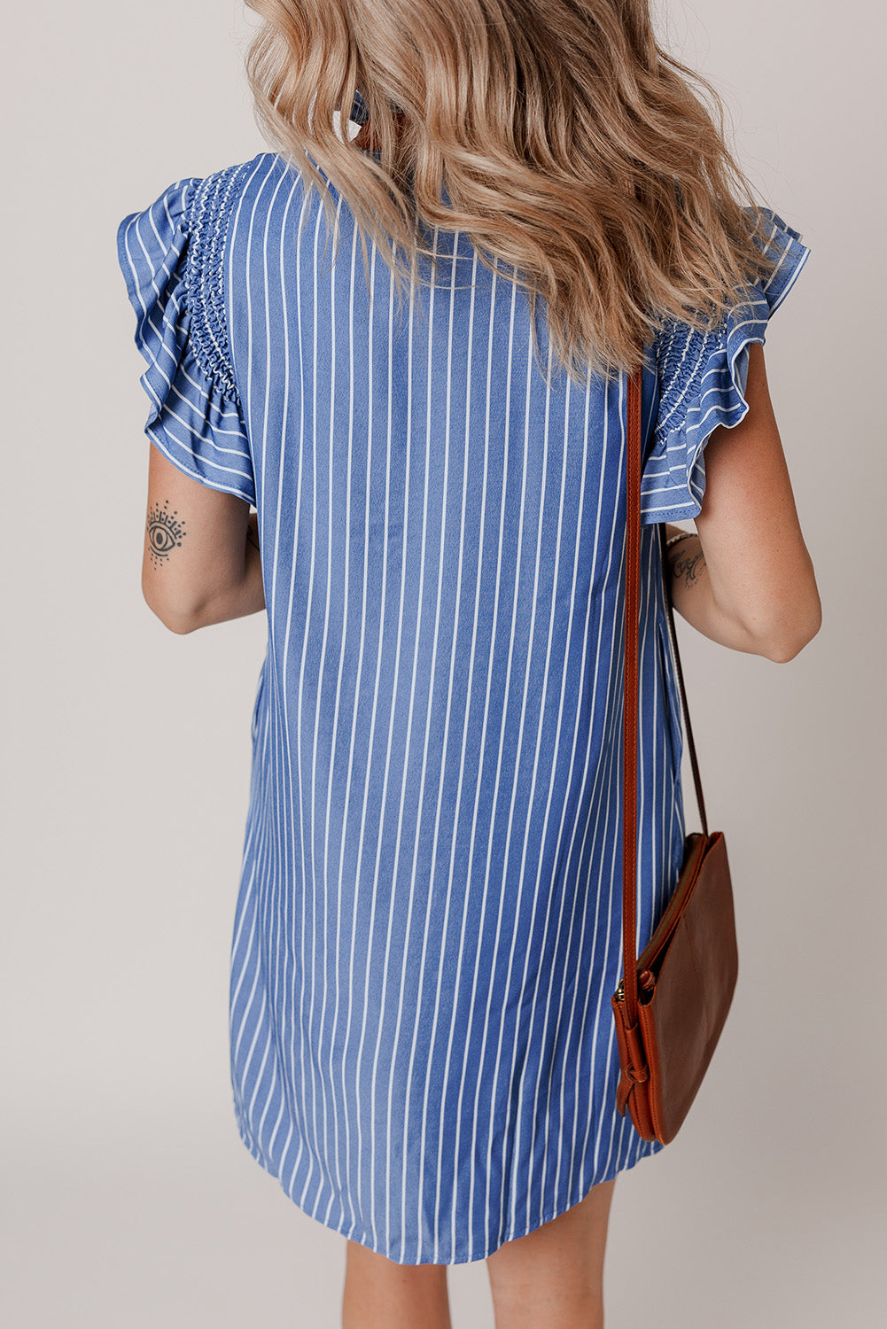 frilly split neck shirred ruffle sleeve short shift dress