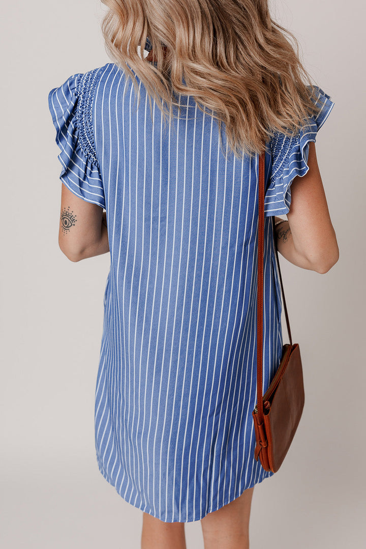 frilly split neck shirred ruffle sleeve short shift dress
