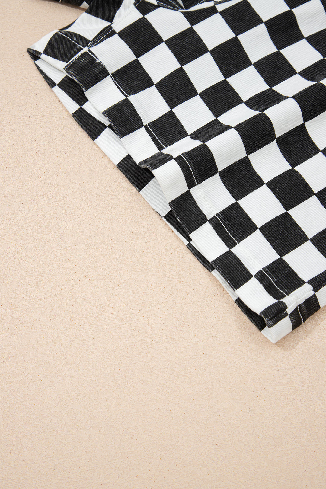 Black Checkered Print Overlap Denim Shorts