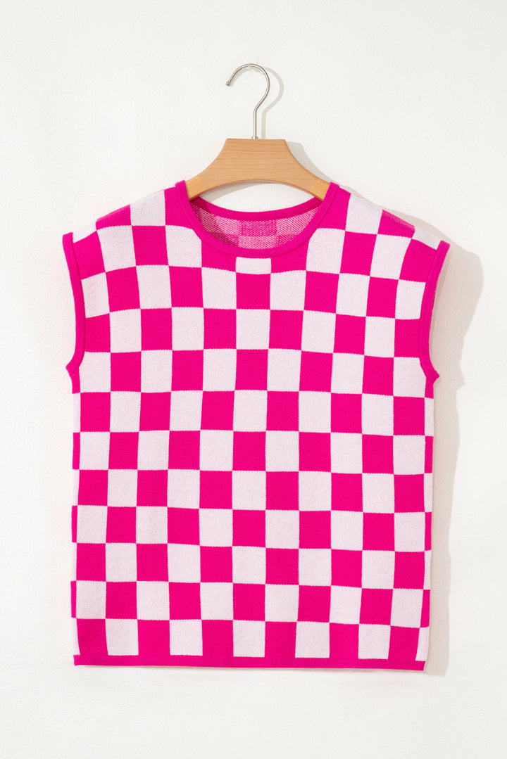 Rose Check Pattern Cap Sleeve Knitted Sweater