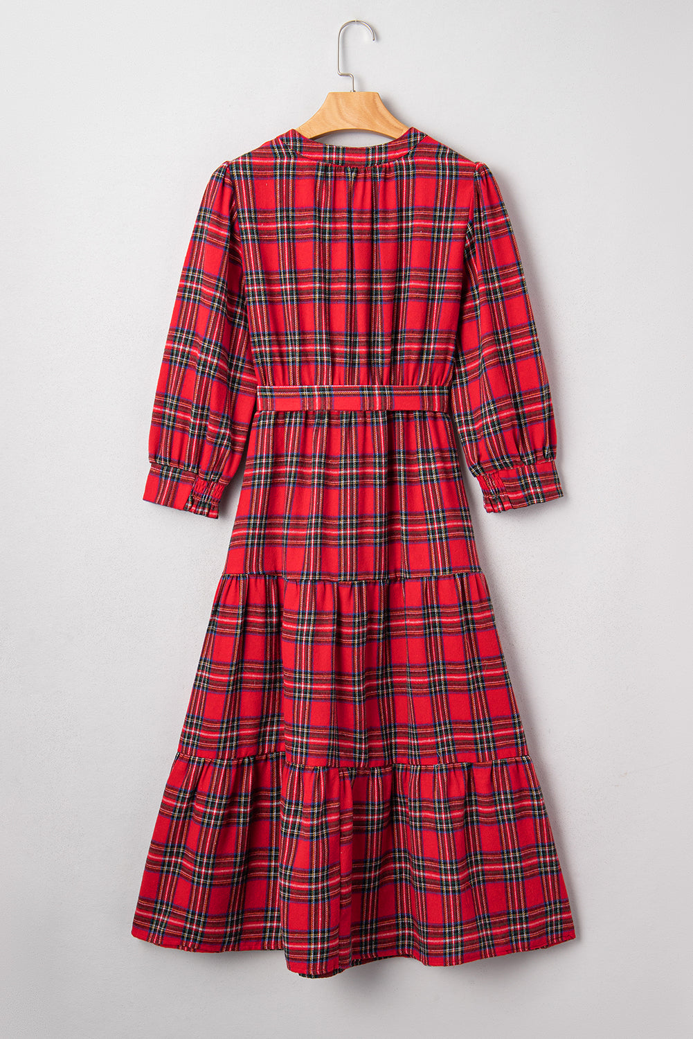 Christmas Plaid V Neck 3/4 Sleeve Tie Waist Ruffle Hem Long Dress