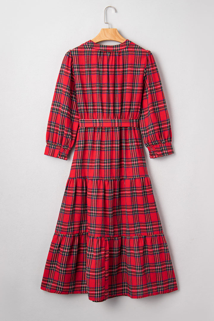 Christmas Plaid V Neck 3/4 Sleeve Tie Waist Ruffle Hem Long Dress