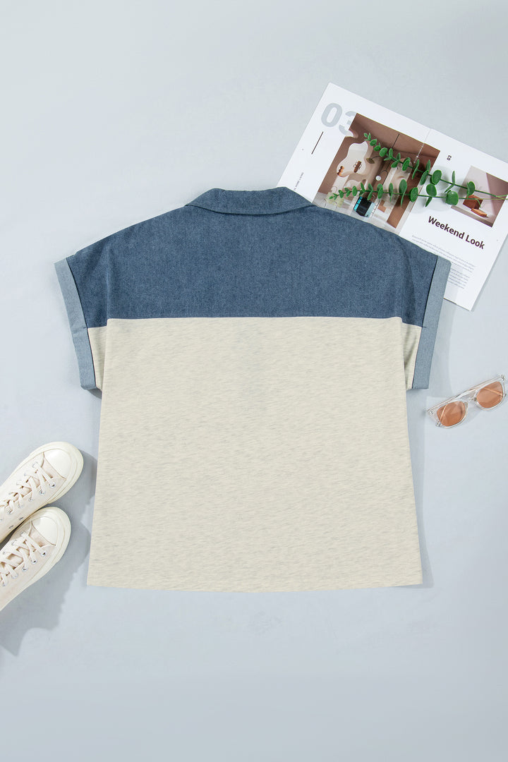 Light Grey Half Buttons Collared Denim Plus Short Sleeve Top