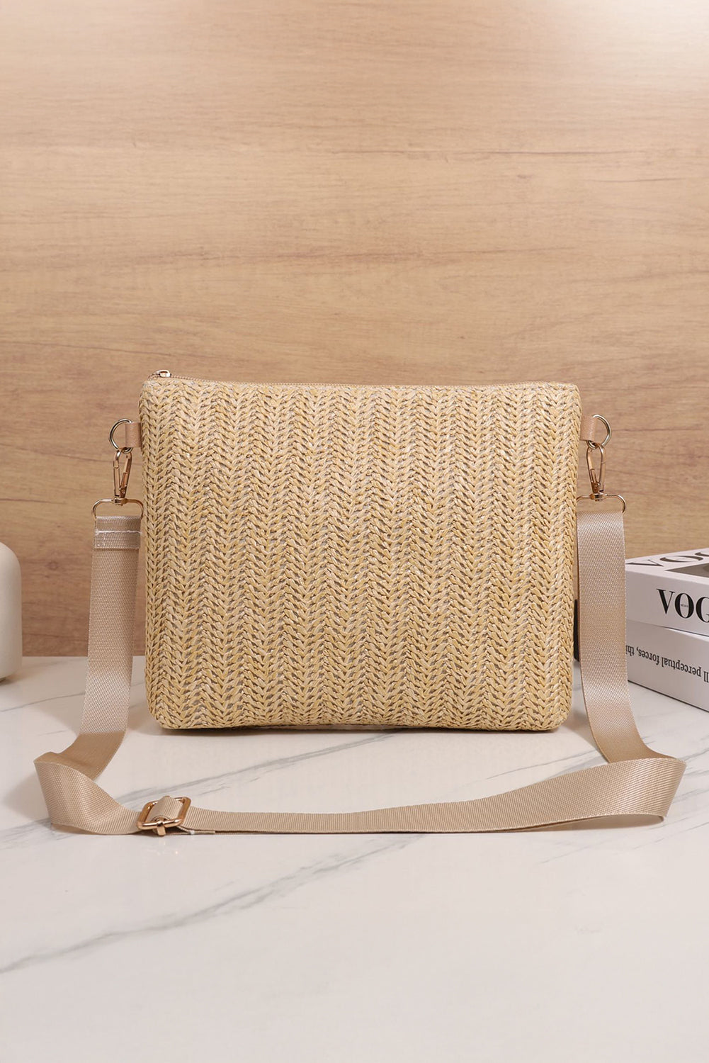 Leather Pocket Patchwork Straw Woven Shoulder Bag
