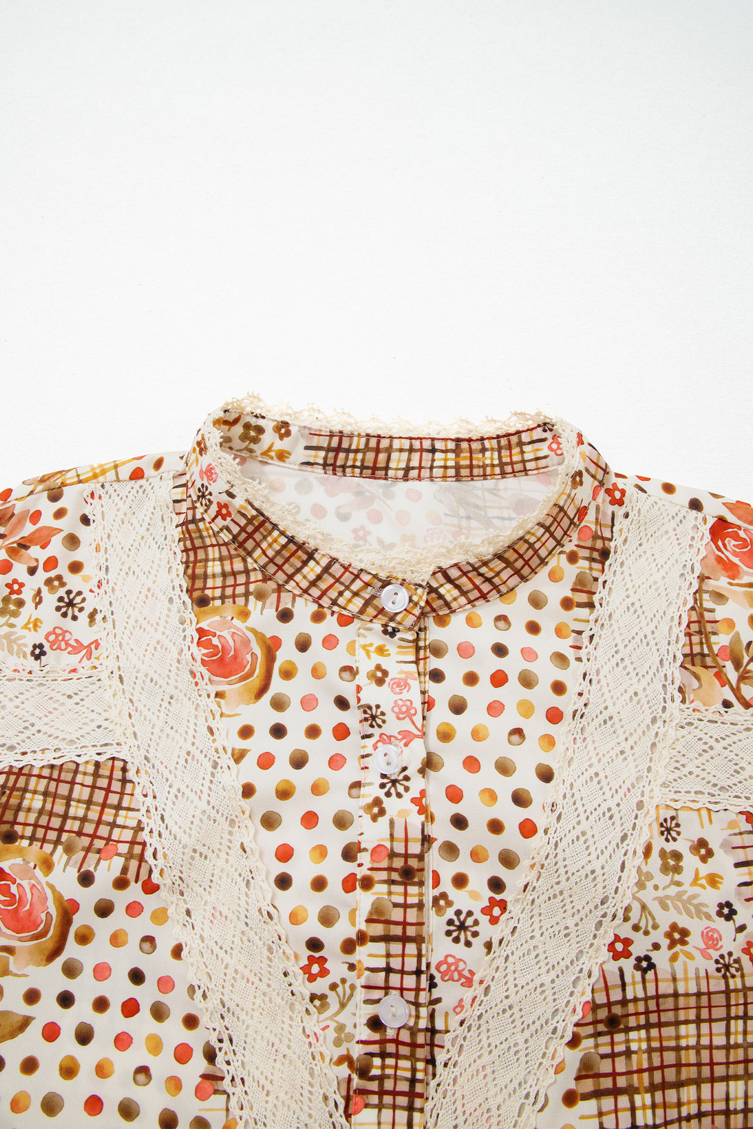 Brown Floral Lace Trim Button Down Long Sleeve Shirt