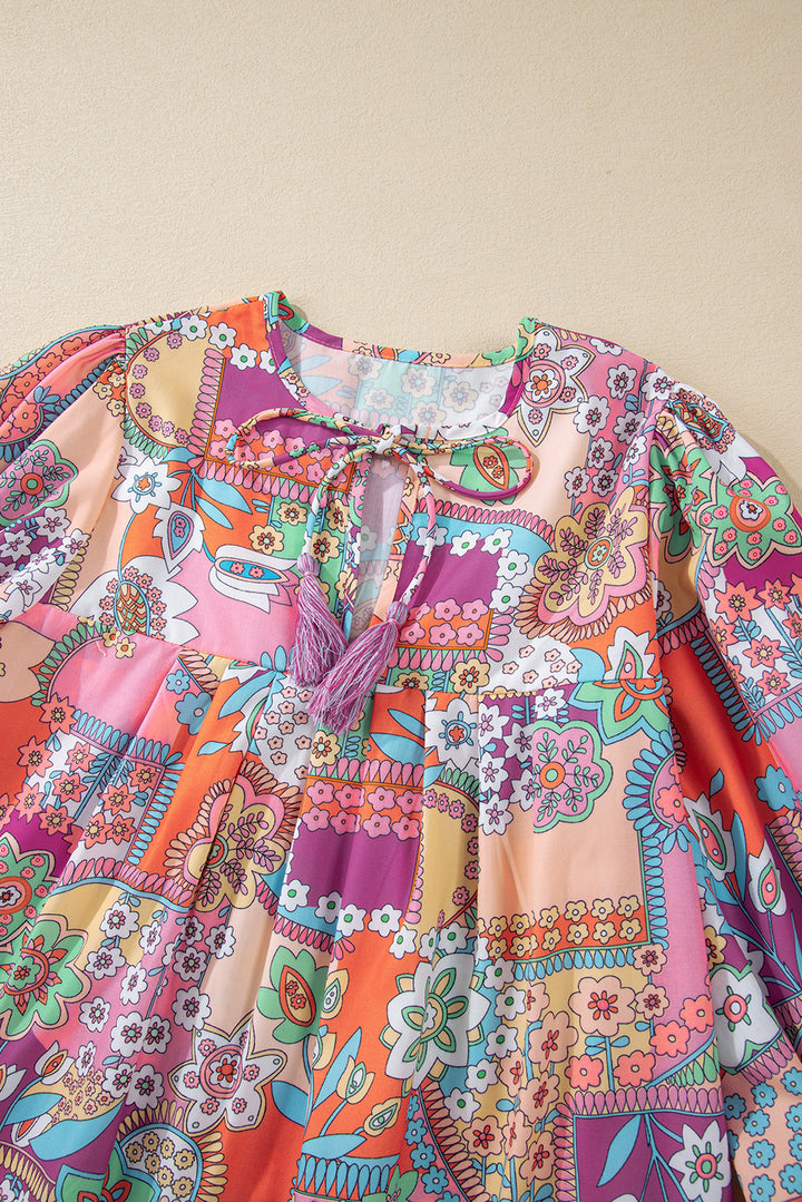 Boho Floral Bubble Sleeve Tassel Tied Neck Pleated Blouse