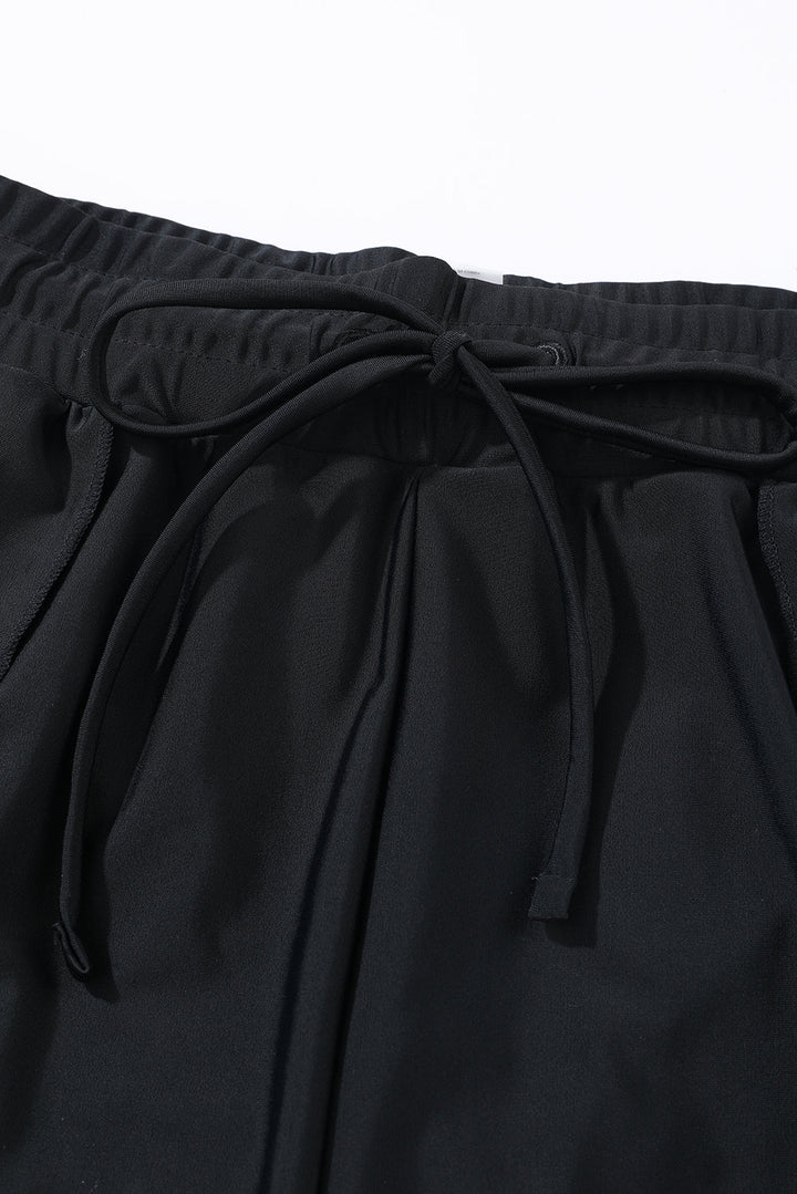 Black Solid Color 2-in-1 Drawstring Elastic Waist Swim Shorts