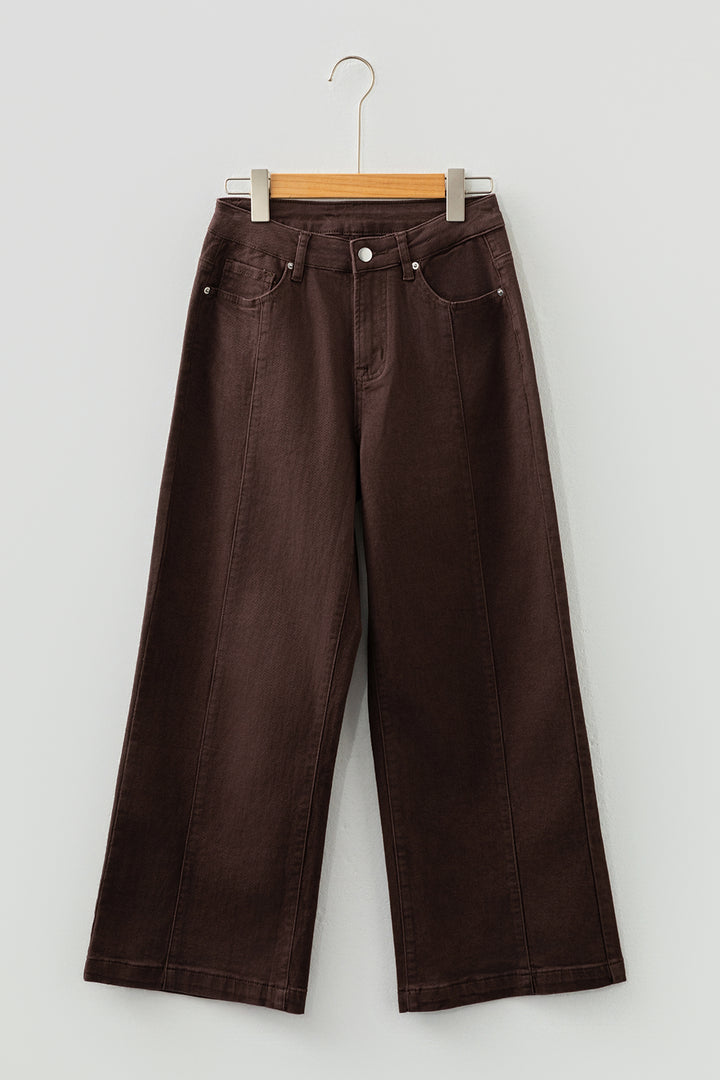 Red Sandalwood Solid Color Seamed Center Wide Leg Cropped Jeans