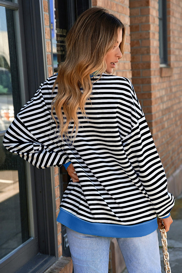 Striped Contrast Ribbed Trim Crossed Stitch Drop Shoulder Sweatshirt