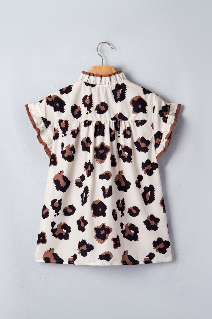 Khaki Leopard Printed Ruffle Sleeve Summer Blouse