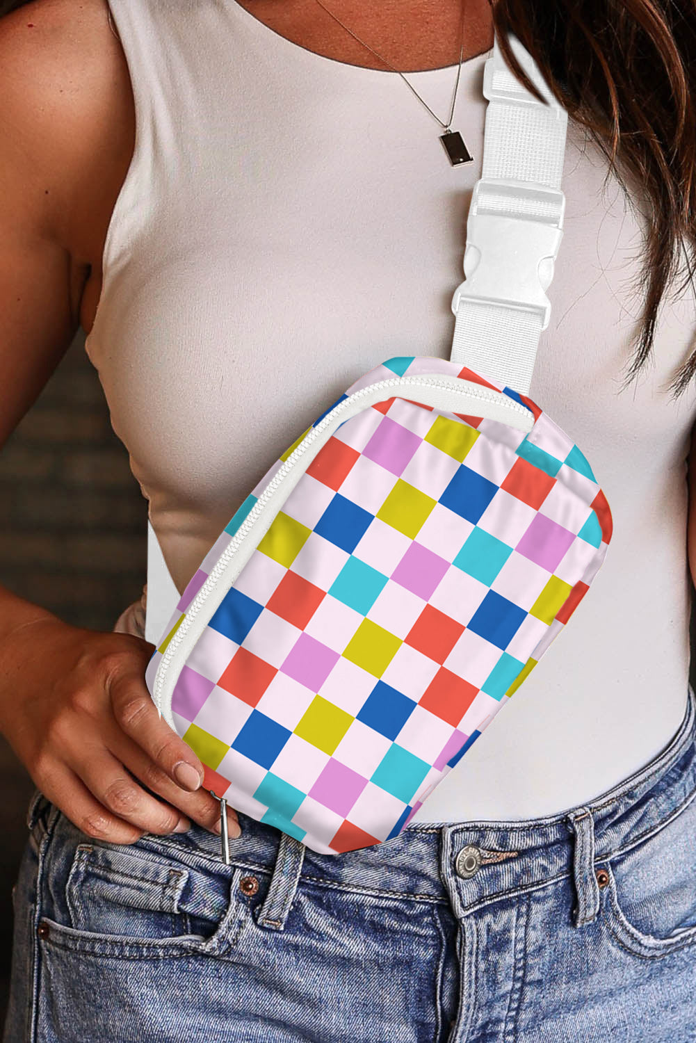 Color Block Checkered Buckle Wide Belt Sling Bag