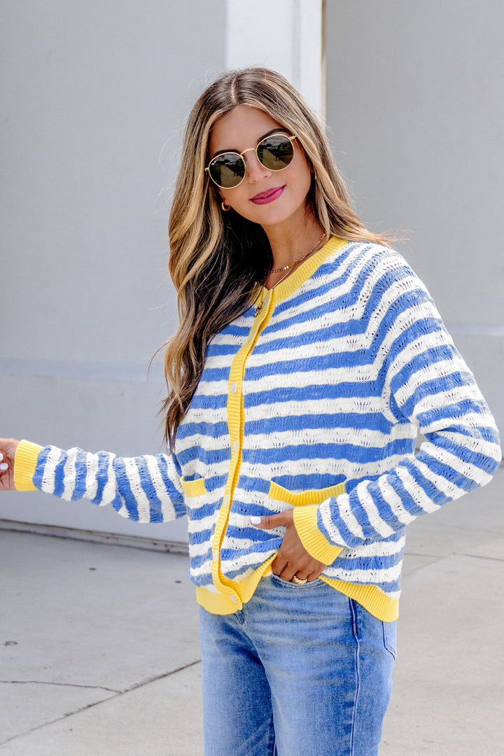 Sky Blue Stripe Button Front Long Sleeve Loose Fit Knit Cardigan