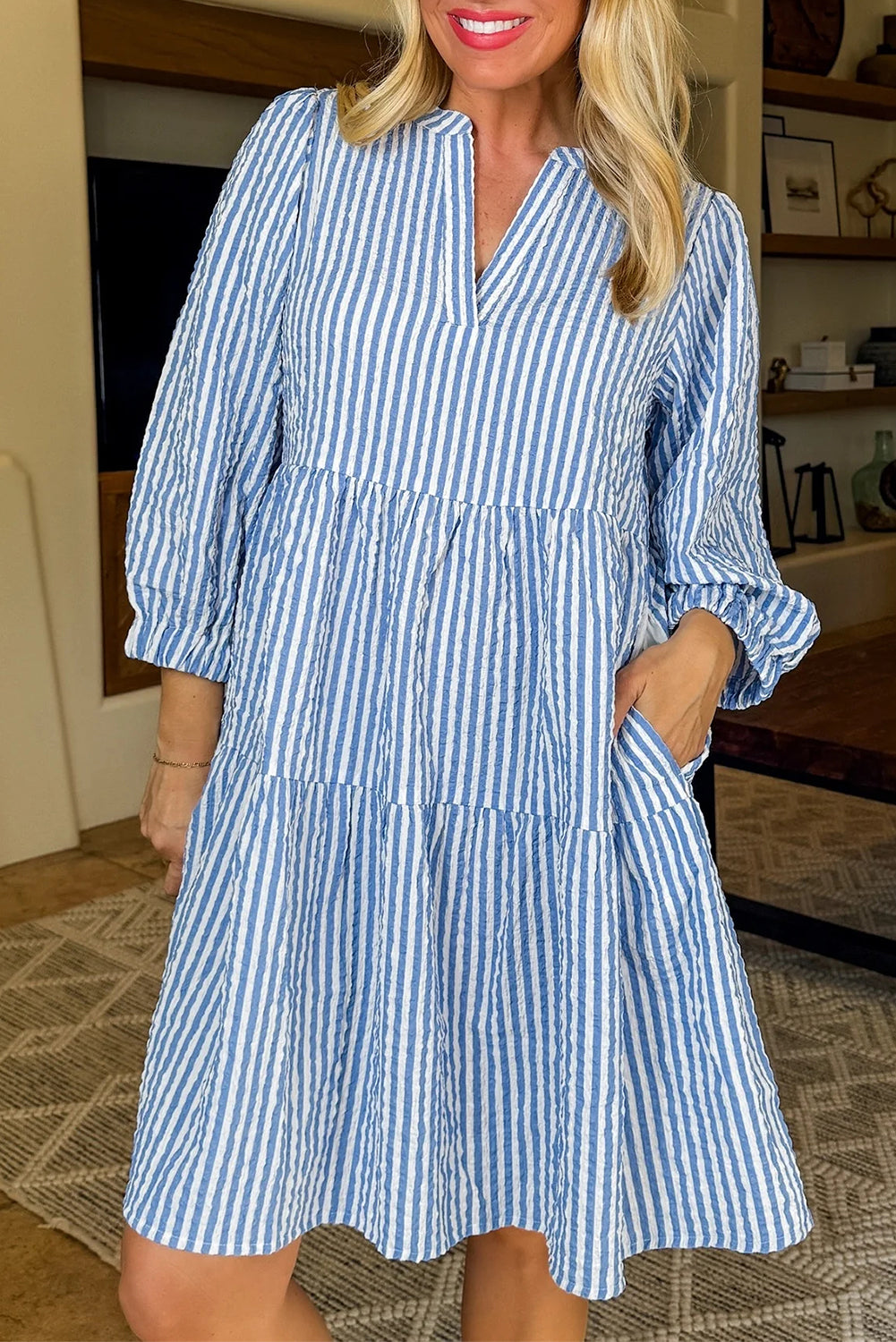 Bracelet Sleeve Tiered Shift Dress with Pockets