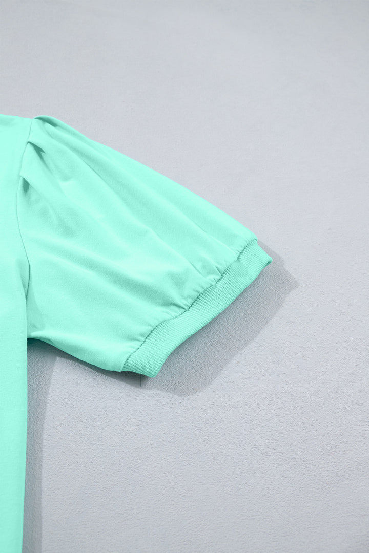 Mint Green Solid Color V Neck Short Puff Sleeve Blouse