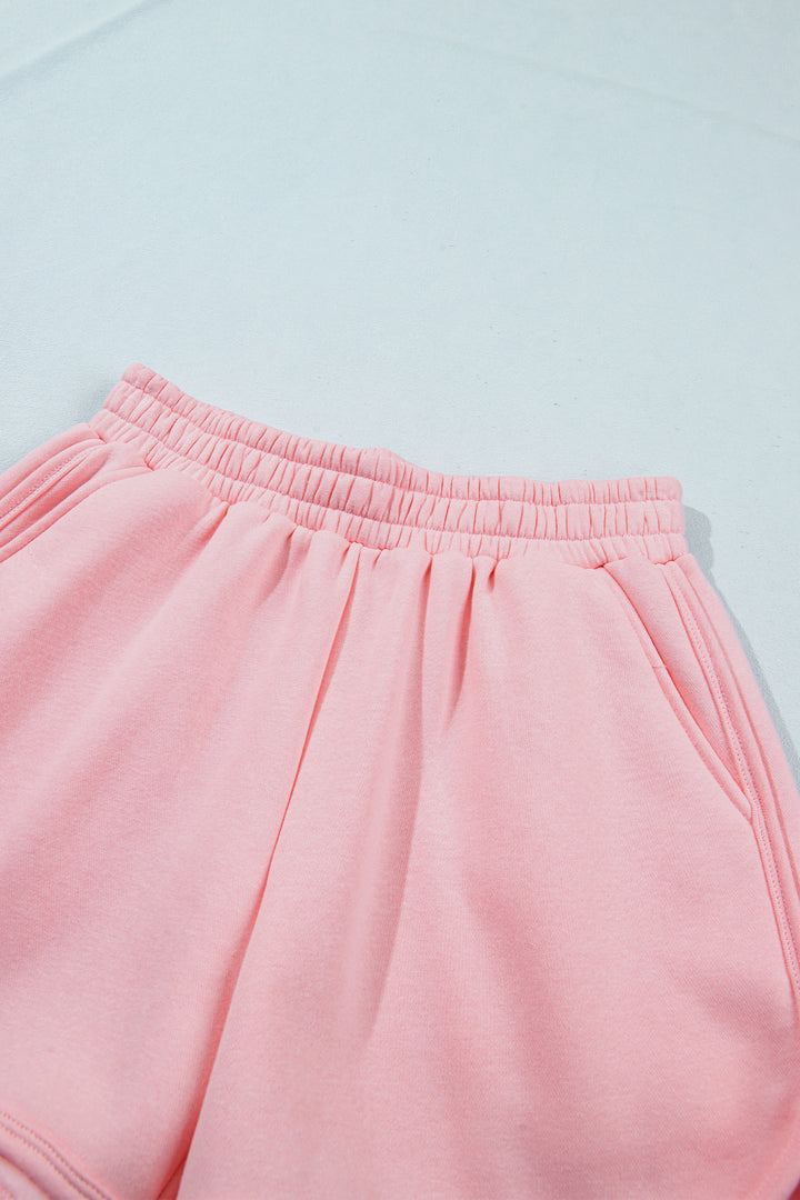Light Pink High Neck Exposed Seam Drop Shoulder Baggy Pullover Short Set