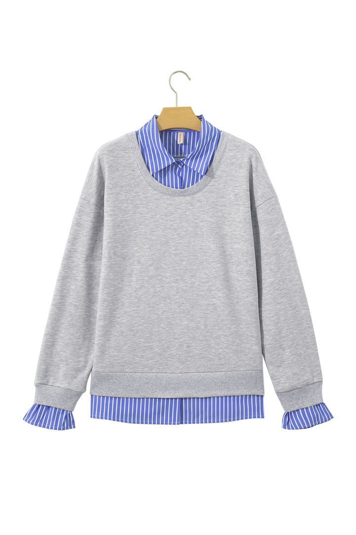 Light Grey Striped Collar 2-in-1 Patchwork Casual Loose Sweatshirt
