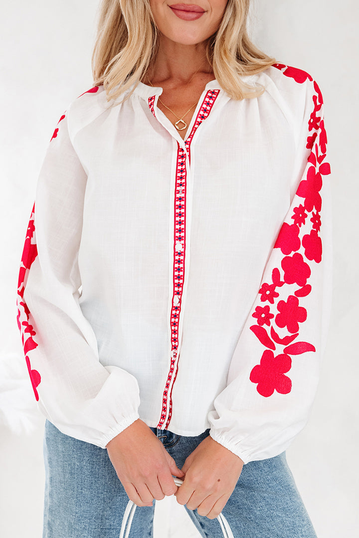 Floral Embroidered Puff Long Sleeve Casual Shirt
