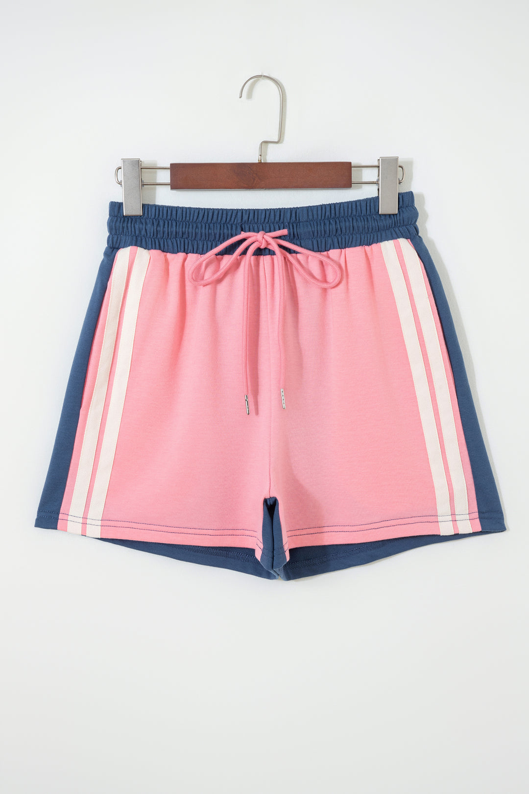 Pink Color Block Patchwork Varsity Striped Detail Drawstring Elastic Waist Shorts