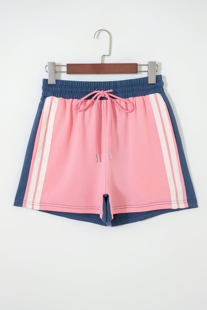 Pink Color Block Patchwork Varsity Striped Detail Drawstring Elastic Waist Shorts
