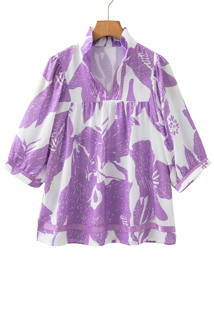 Purple Leafy Print 3/4 Sleeve Striped Trim Split Neck Blouse