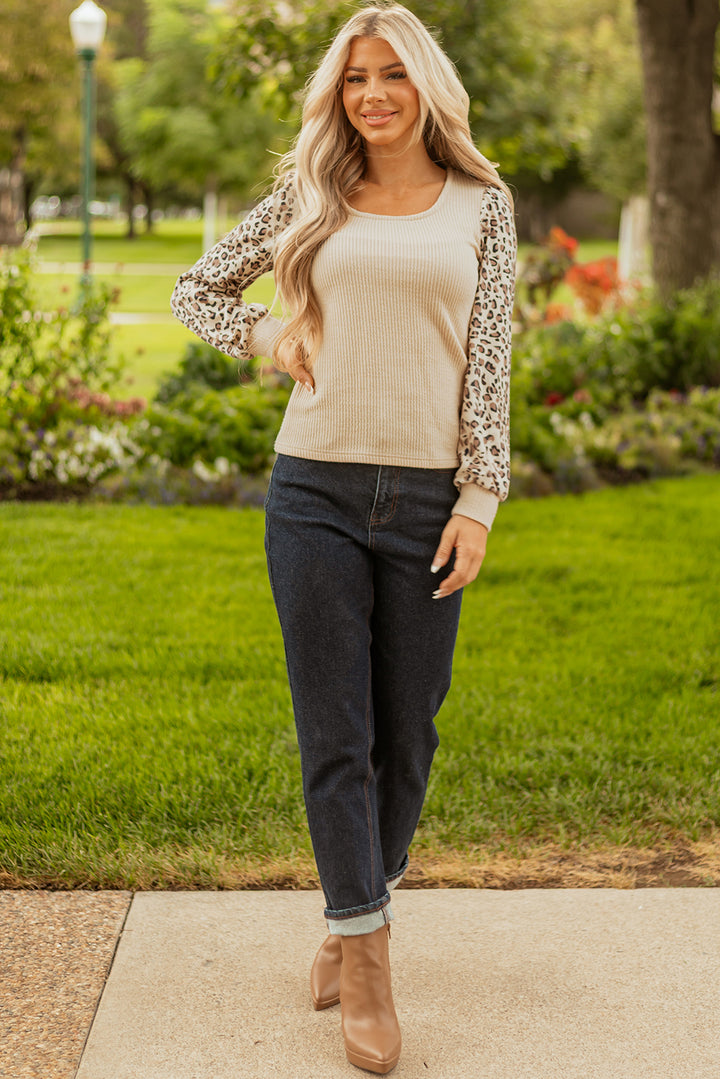 Leopard Sleeve Patchwork Ribbed Knit U Neck Top