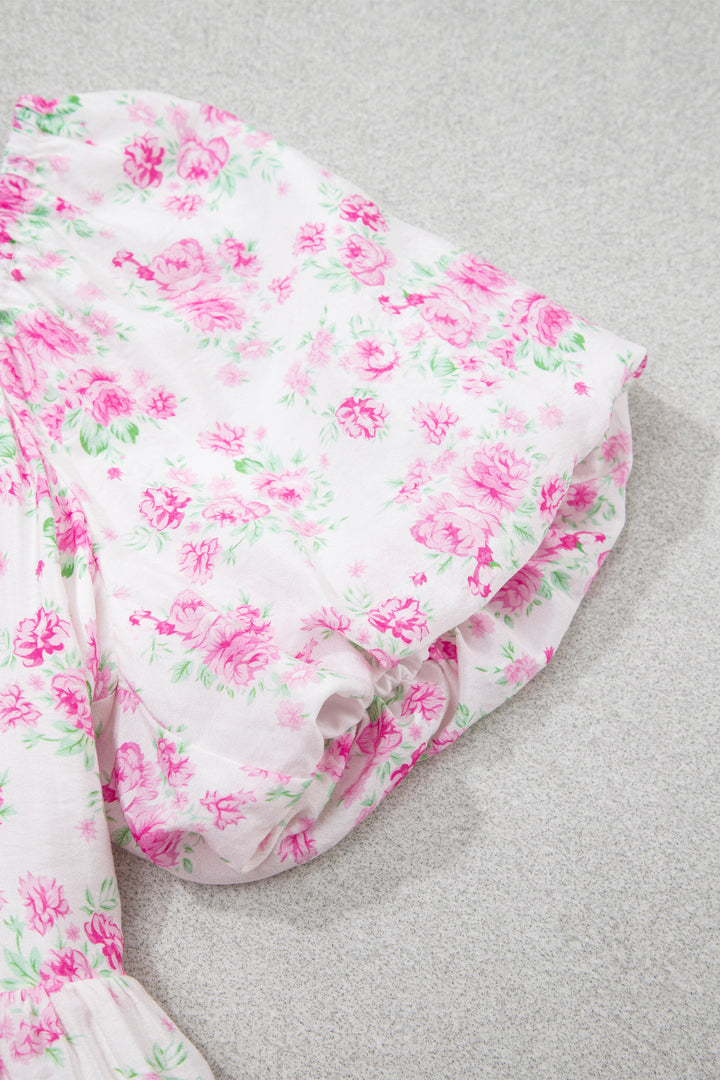 Cute Pink Floral Print Square Neck Ribbon Knot Back Cute Mini Dress