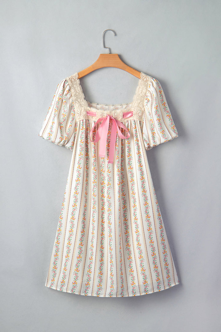 Multicolour Floral Print Contrast Ribbon Bow Lace Trim Square Neck Mini Dress