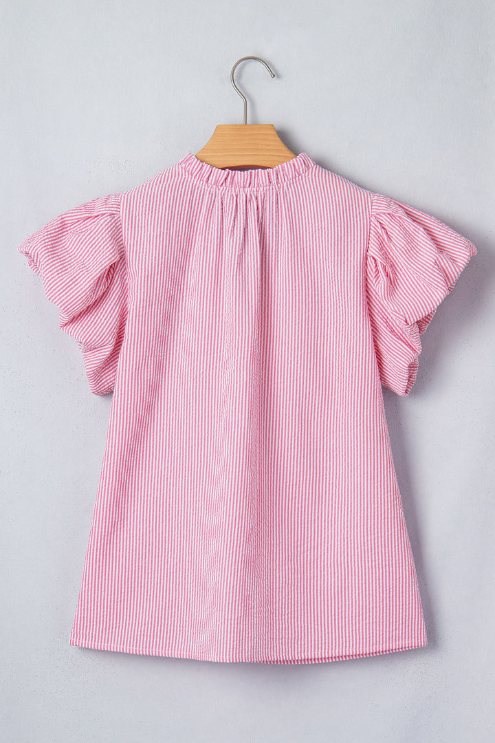 Rose Stripe Short Bubble Sleeve Split V Neck Blouse
