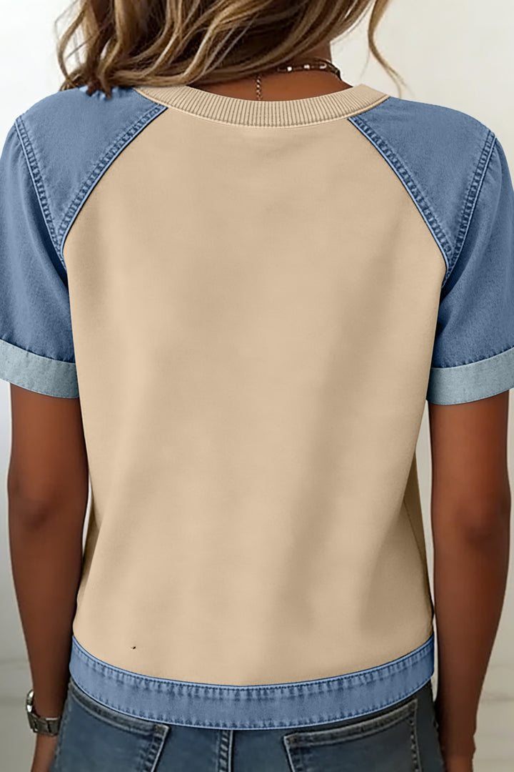 Parchment Denim Color Block Patchwork Round Neck Tee