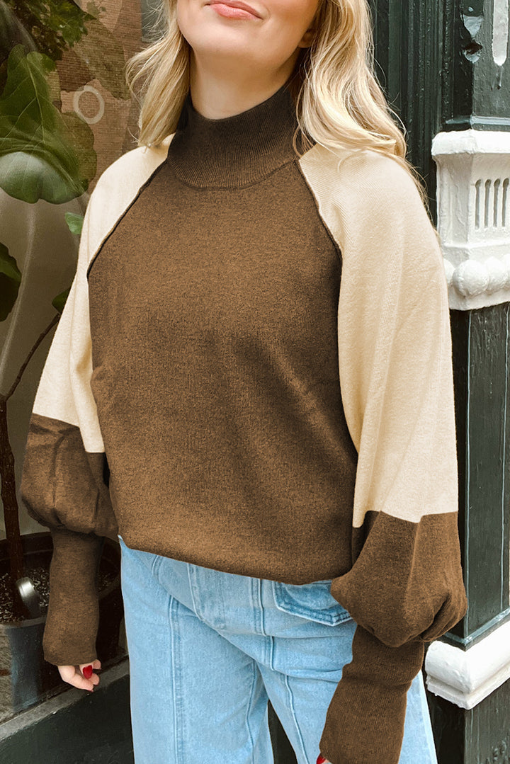 Colorblock Raglan Puff Sleeve Mock Neck Sweater