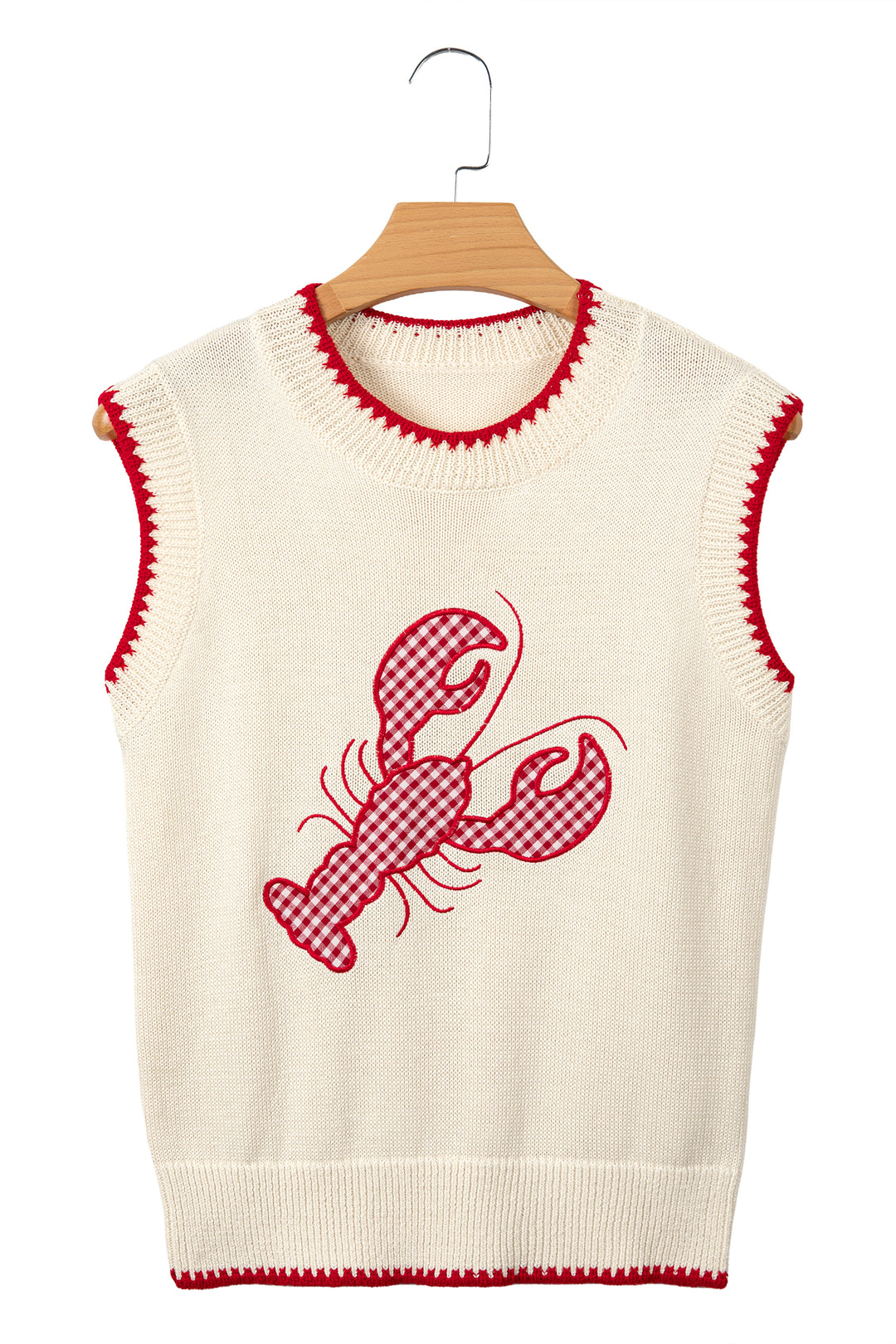 Beige Plaid Crawfish Crew Neck Knit Sweater Vest