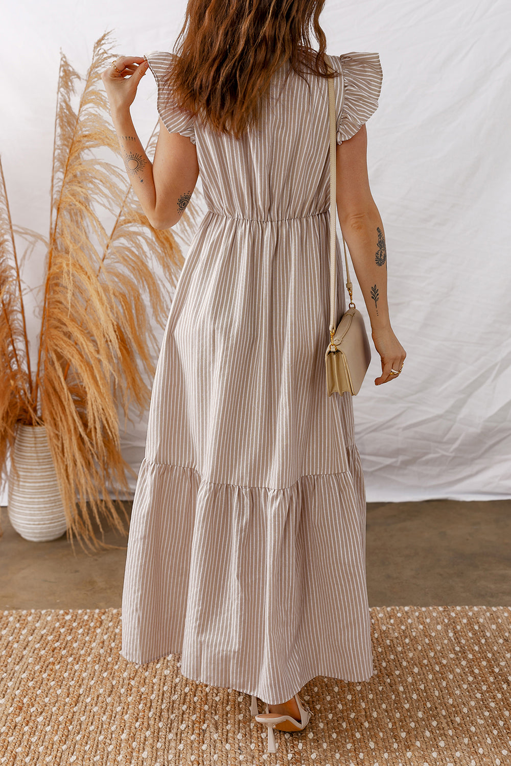 Flutter Sleeve Buttoned Front Slit Maxi Dress