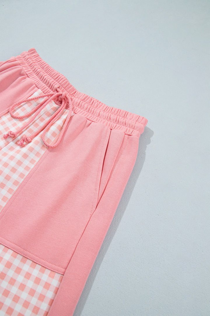 Pink Color Block Plaid Patchwork Long Sleeve Pullover Wide Leg Pant Set