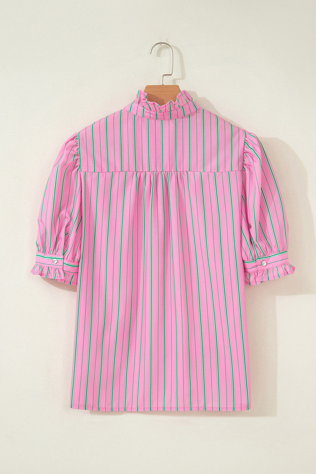 Pink Stripe Ruffle Trim Half Button Short Puff Sleeve Blouse