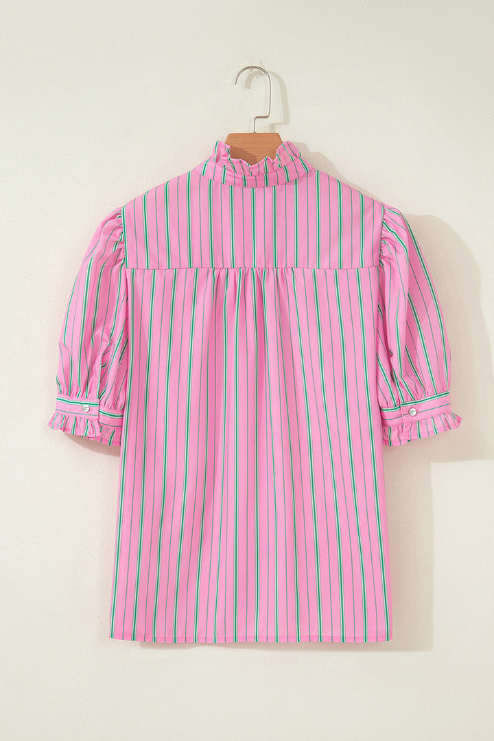 Pink Stripe Ruffle Trim Half Button Short Puff Sleeve Blouse